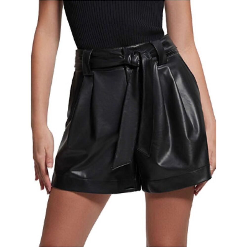 0025 S.L. Fashions Black High-Waist Faux Leather Paperbag Shorts with Tie Belt